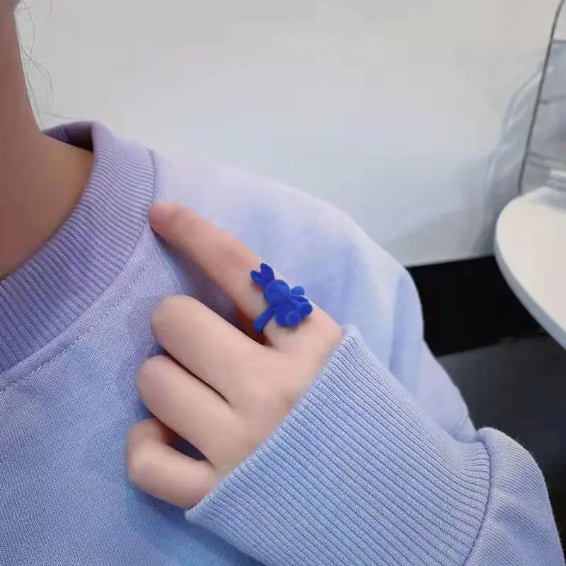 New Fall Winter Flocking Cartoon Rabbit Rings for Women Girls 2023 Vintage Velvet Korean Cute Bear Adjustable Finger Ring Gift