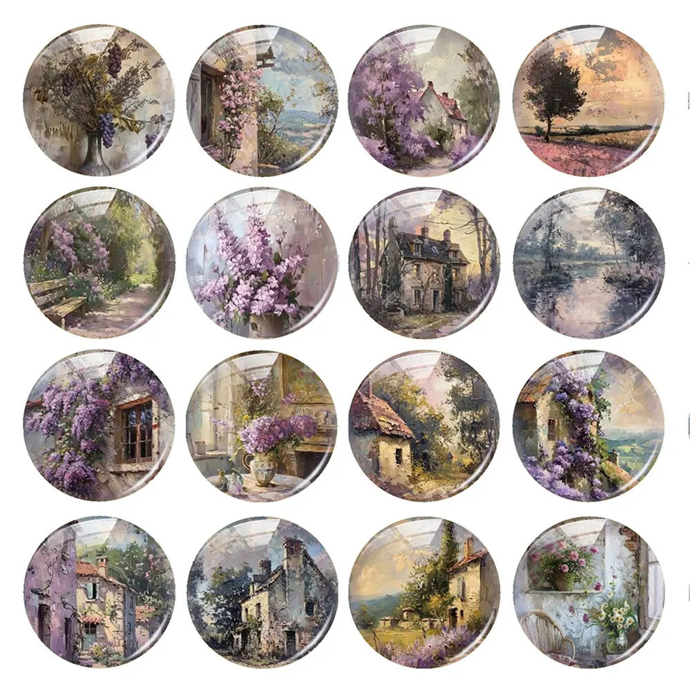 Random Mixed Round/Oval/Square Provence Lavender Countryside Photo Glass Cabochon Flatback Demo Cameo For Diy Jewelry Making