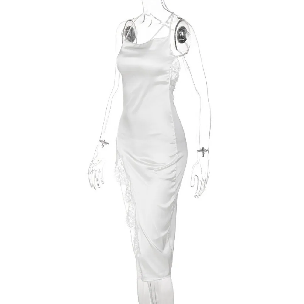Elegant Split Women Nightgown Beauty-back V Neck Satin Silk Nightdress Spaghetti Strap Sleeveless Female Sleepwear Casual