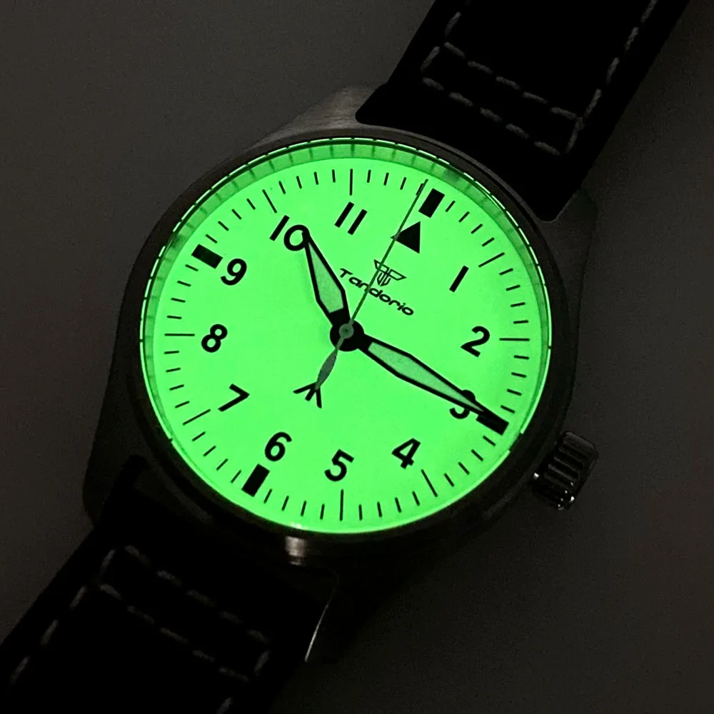 Tandorio 33.5mm Vintage Green Full Luminous Beige Watch Dial Fit NH35 NH36 2824 PT5000 Automatic Mens watch Black Marks