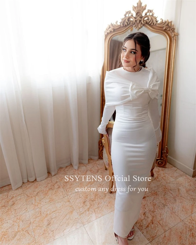 SSYTENS Modest Simple Saudi Wedding Dresses Long Sleeves Dubai Bridal Gowns Ankle Length Bespoke Evening Party Dress for Bride