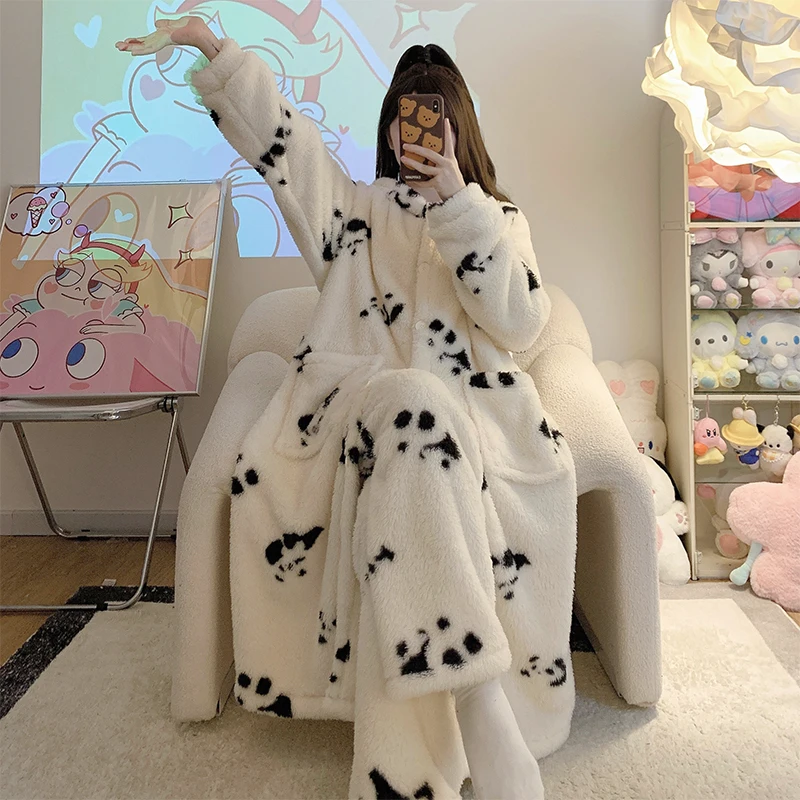 Coral Velvet Sleepwear Women's Pajamas Sets Bathrobes Shower Cartoon Cute Warm Hooded Nightgown Flannel Kimono Bath Robe Home