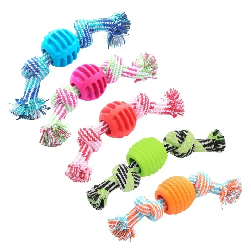 Durable Cotton Rope Dog Toy with Rubber Molar Ball - Interactive Chew Toy for Teeth Cleaning & Dental Health, 18cm Bite-Resistant Training Toy
