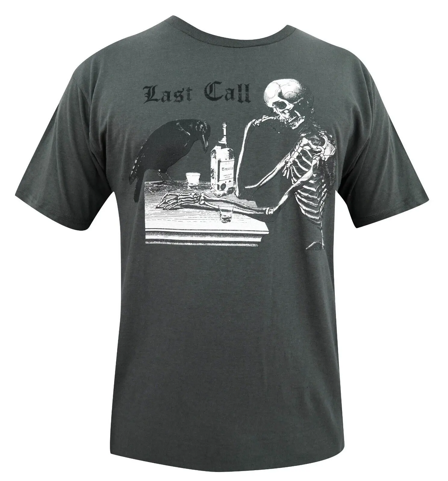 Annex Art Last Call Tequila Shots Skeleton Crow Raven Dark Gray T shirt Large