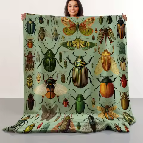 1 piece of retro style insect series flange velvet blanket - college style digital printing soft and versatile for all seasons