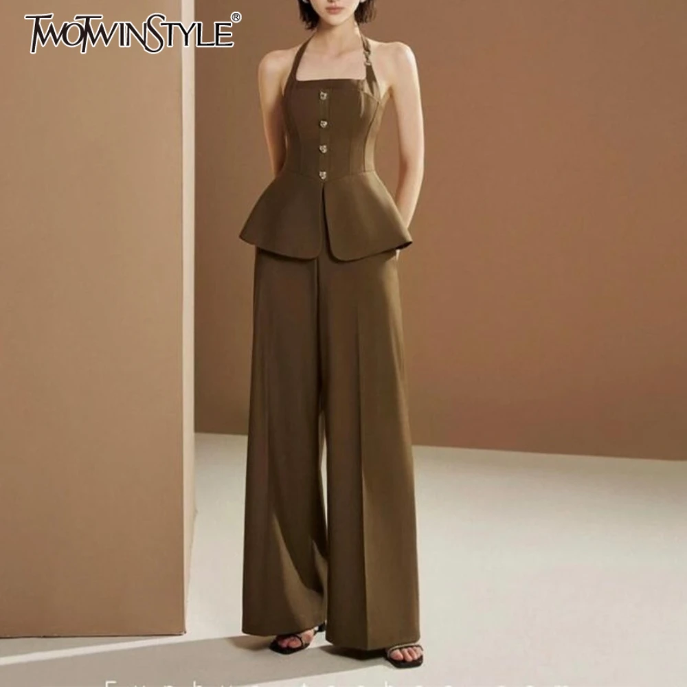 

TWOTWINSTYLE однотонный утягивающий комплект из двух предметов для женщин, лоскутный топ без рукавов с лямкой на шее, однобортный топ, женские брюки с высокой талией