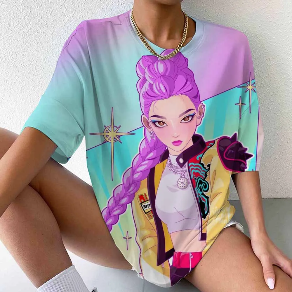 Hip Hop Kpop Demon Hunters Shirt Vrouwen Mannen Grappige Rumi Zoey Mira T-shirts Cartoon Koreaanse Ulzzang Tiener Kids Crewneck T-shirts