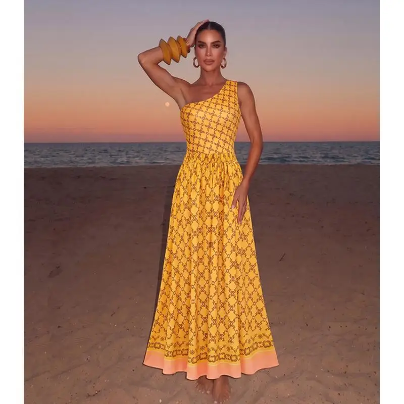 Flaxmaker Women Vintage Printed Swimsuit One Shoulder Yellow Retro Printed Swimsuit Sets Party Beachwear Biquini conjunto de