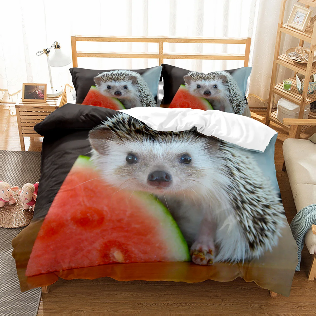 Cute Hedgehog Duvet Cover Set com Fronha, Animal Bonito, Poliéster, Consolador, Rei, Queen Size, Kid, Boy, Girl, Bedding