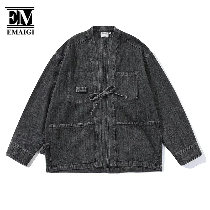 Men Japan Streetwear Cityboy Vintage Fashion Loose Causal Denim Kimono Jacket Spring Autumn Jeans Coat Taoist Robe Outerwear