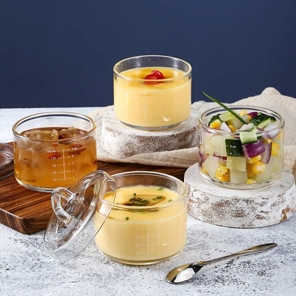 

Premium Glass Stew Bowl with Lid and Measurement Scale Heat Resistant Cold Resistant for Baby Food Steamed Egg Soup Desserts