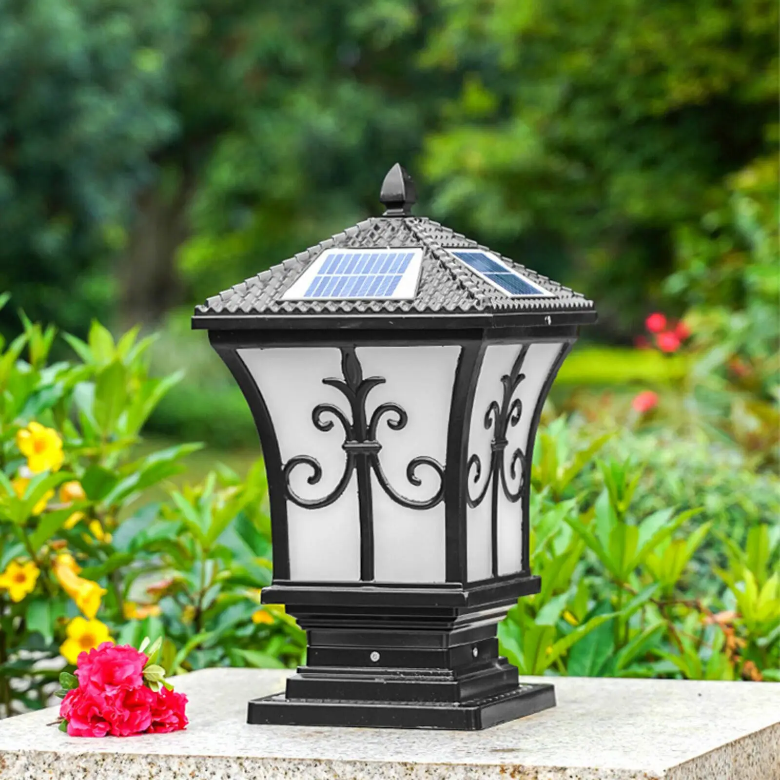 Solar Power Post Outdoor Light LED Path Yard Landscape Garden Fence Lamp Black