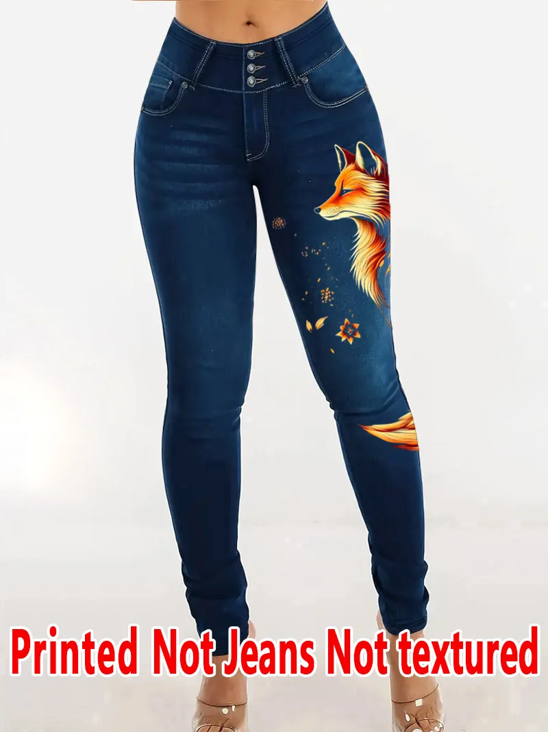 1242  Ladies Non-Leather Fabric Printed Trousers Fox Print Tight Pants Bottom Wear for All Seasons Ladies Long Pants