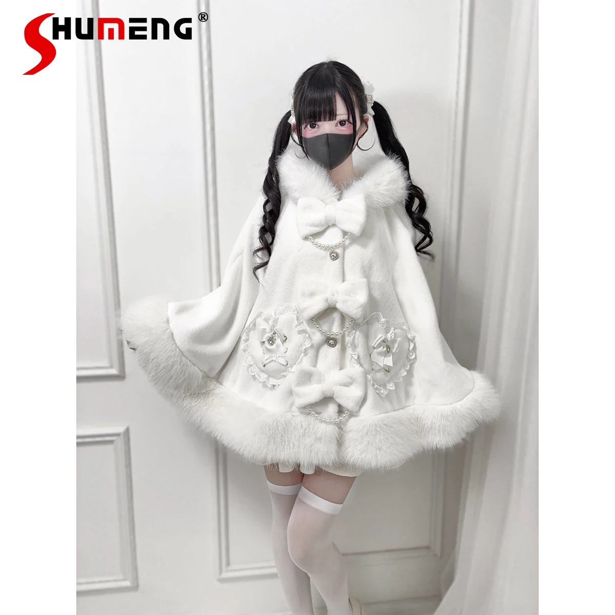 Oryginalny japoński, masowo produkowany płaszcz Lolita z kapturem, biały, zimowy 2025, dziewczęcy/damski, uroczy, z kokardą, luźny, ciepły, krótki płaszcz/kurtka.