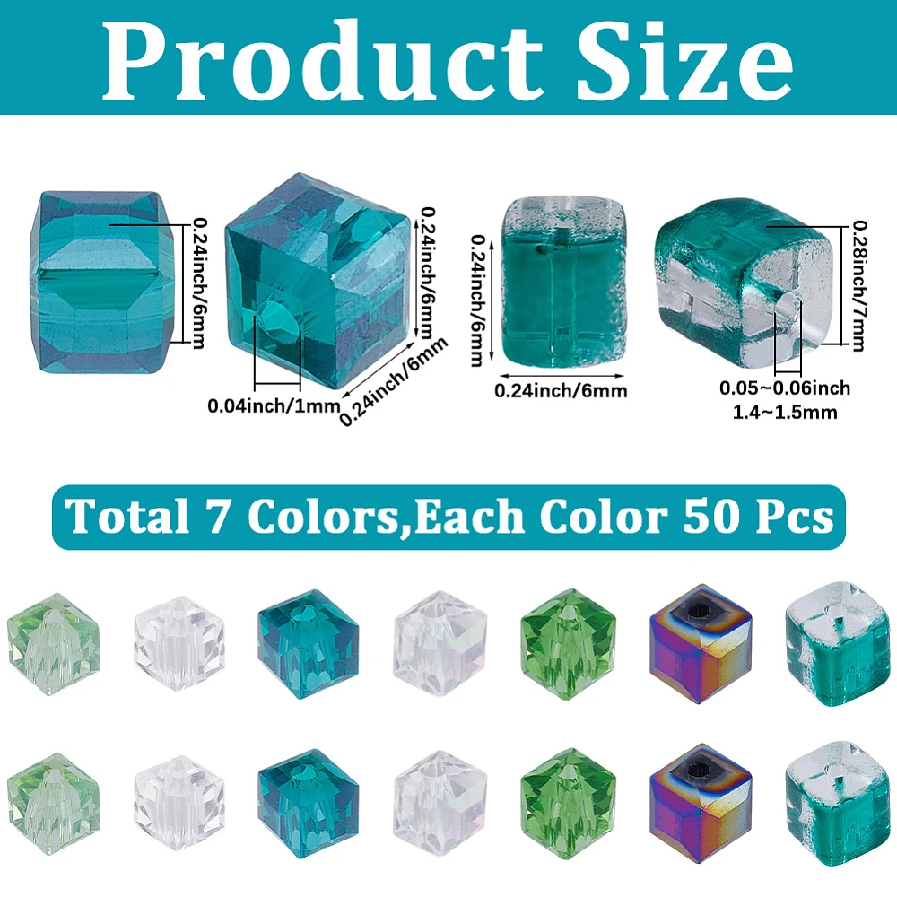 1 Box 7 Styles 350Pcs Square Glass Beads Green Cube Beads Bulk 6mm Cute Spring St. Patrick Transparent Loose Spacers Beads