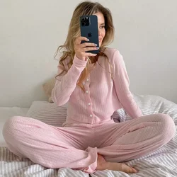 2PCS Sets Homewear Women O-neck Button Up Long Sleeve T-shirts High Wasit Pants Knitted Loose Comfortable Soft Pajamas Nightwear