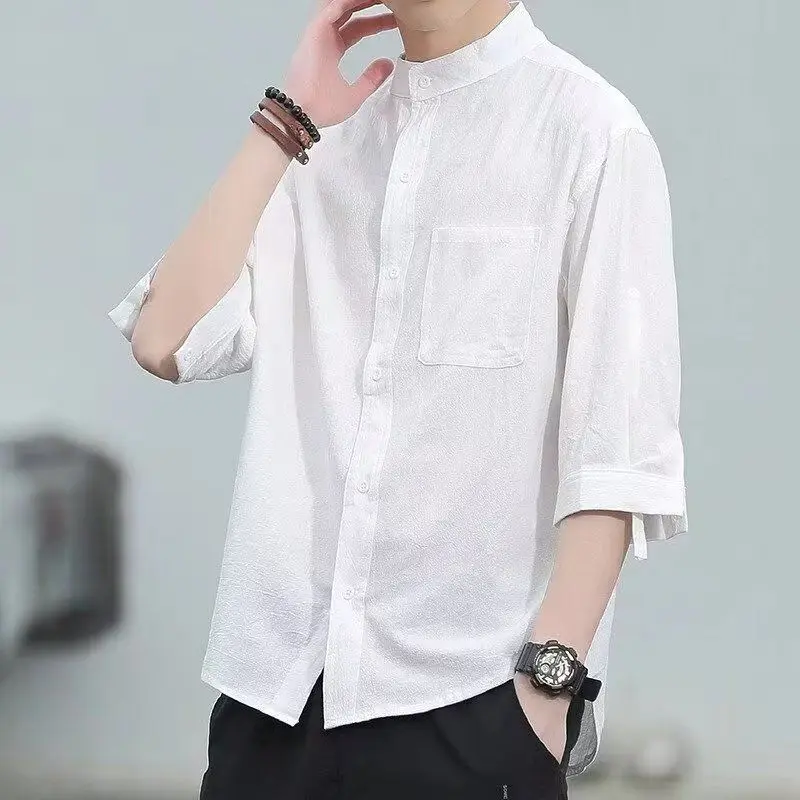 Simplicity Fashion Solid Color Single-breasted Men\'s Shirt Casual Loose Three Quarter Sleeve Stand Collar Shirt Male Clothes