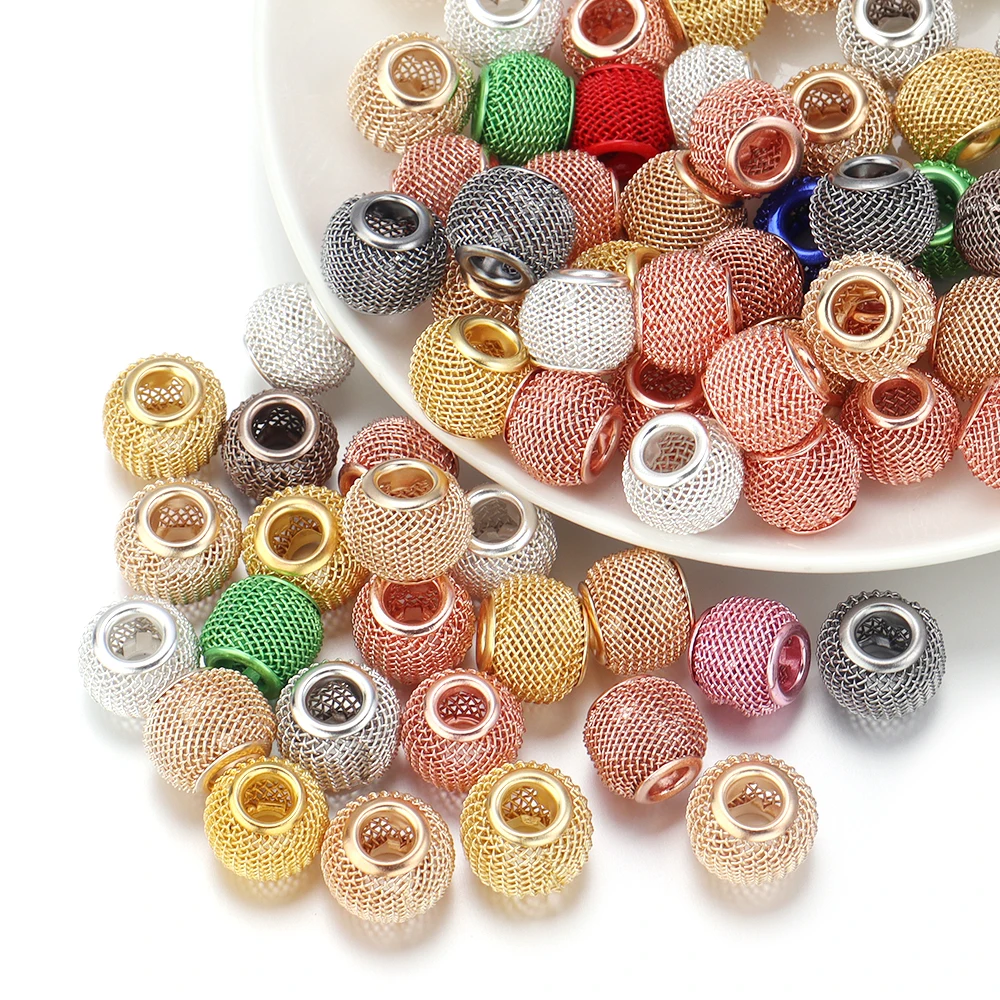 10pcs/lot 10x12mm Big Hole Round Ball Metal Beads Mesh Net Loose Spacer Beads For DIY Jewelry Making Bracelet Necklace Supplies