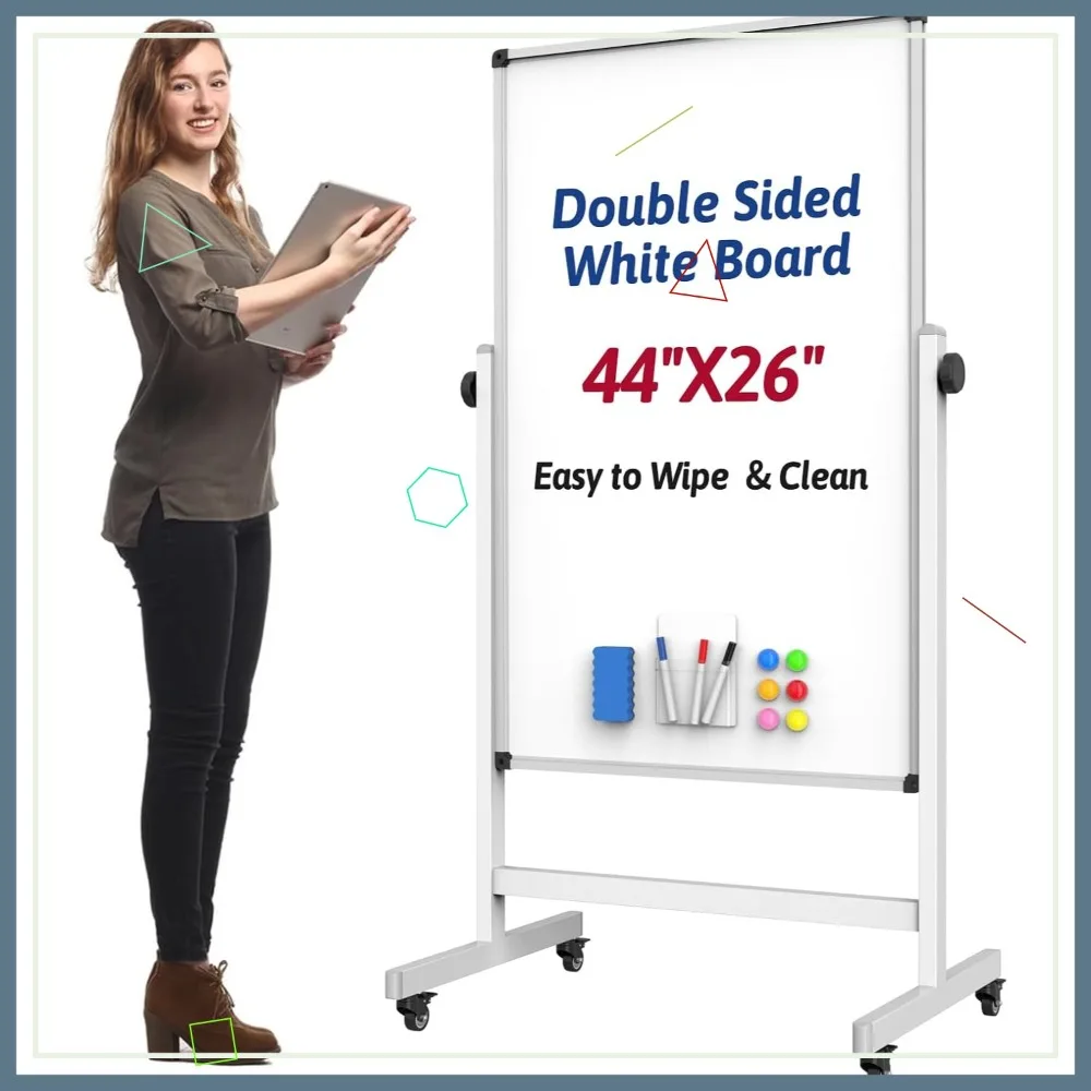 

44x26 Double Sided Magnetic Dry Erase Board on Wheels, Adjustable Height with Sturdy Aluminum Frame for Home Office Classroom