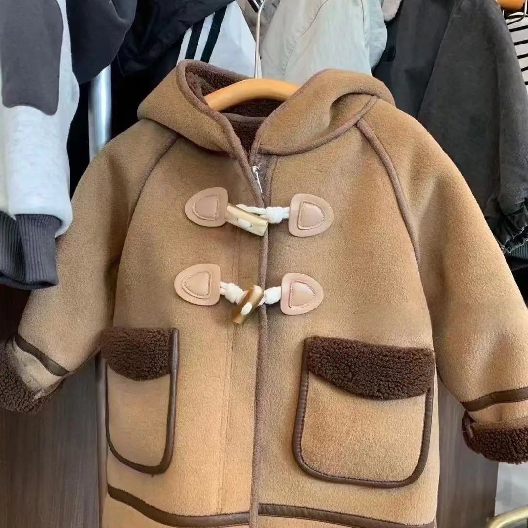 2025 New Autumn and Winter Plush Thick Baby Warm Top, Children's Soild Color Medium Long Outerwear