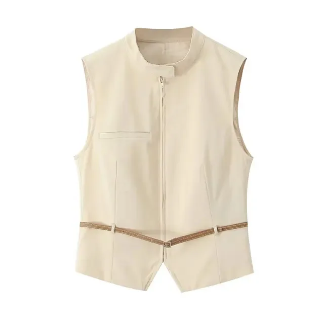 New Women Elegant Casual Chic Zipper Belt Solid Color Vest Woman Vintage Sexy Sleeveless O Neck Single Button Slim Tops