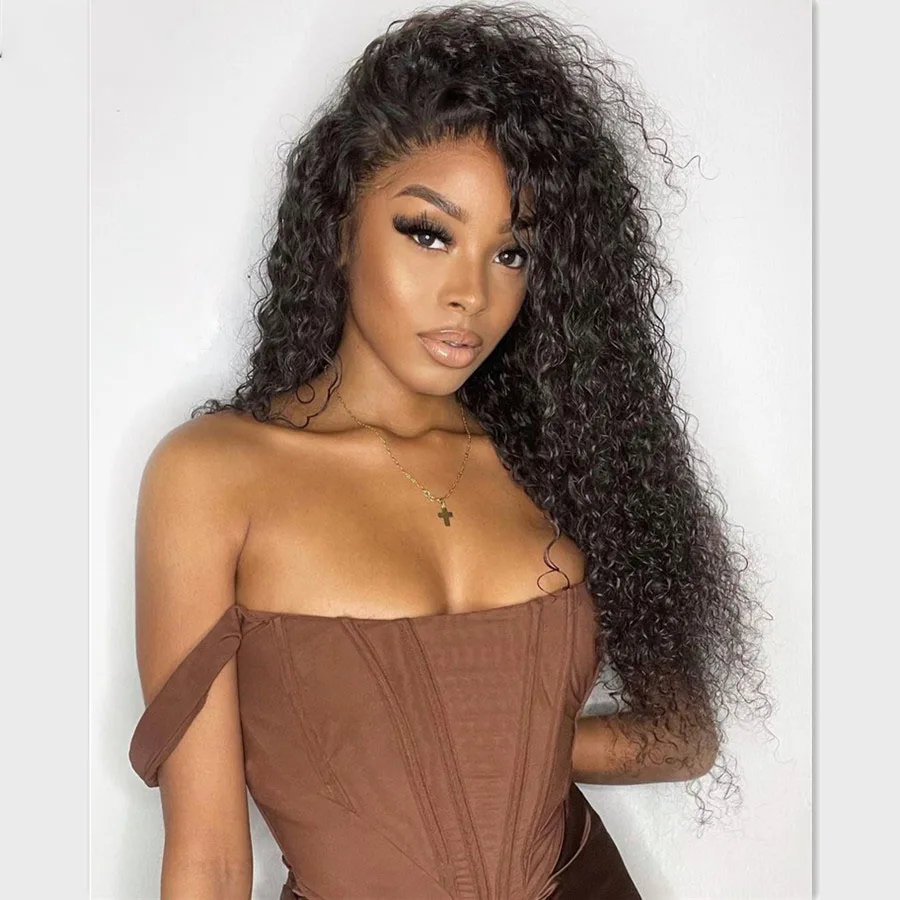 Мягкий бесклеевой натуральный черный парик 180 Плотность 26 дюймов Длинный странный вьющийся глубокий парик фронта шнурка для женщин с волосами ребенка предварительно выщипанные ежедневно