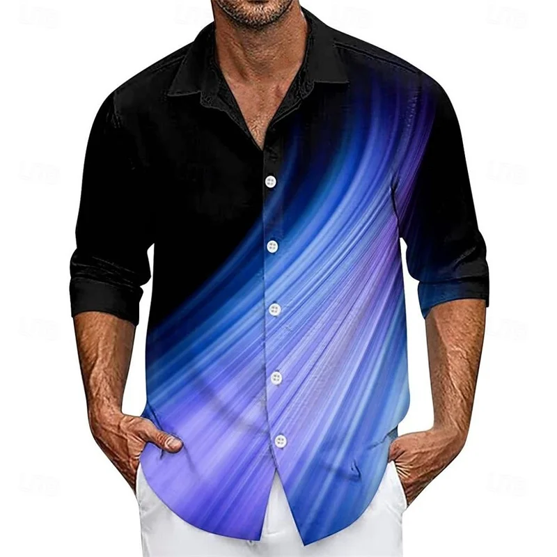 Men's long sleeved shirt button down shirt casual shirt 3D line printed long sleeved daily fashionable and comfortable