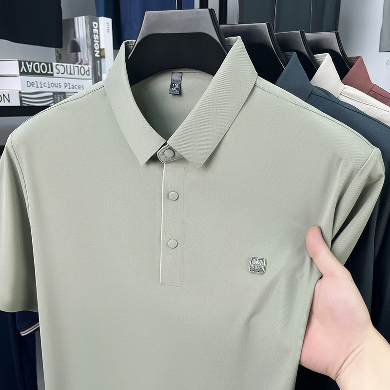 Summer Men's Non-mark Lapel Polo Shirt Business Casual Short Sleeve Breathable Comfortable Print Cold Short Sleeve T-shirt Top