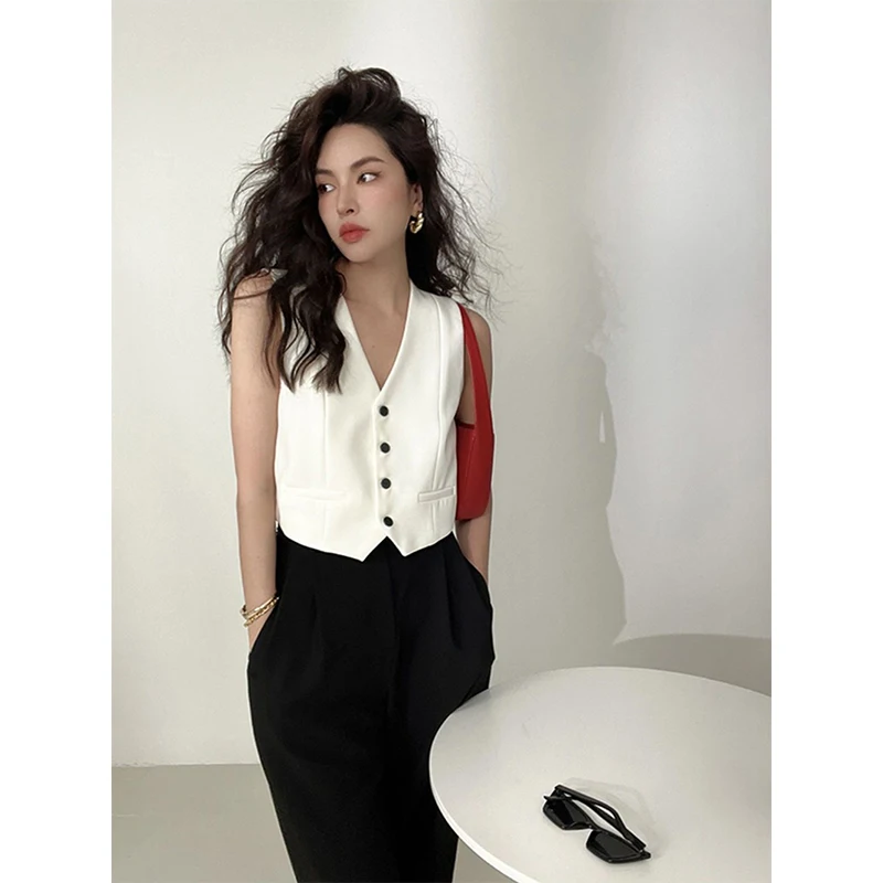 MEXZT Elegant Cropped Blazer Vest Women Vintage Black Suit Waistcoat Jackets Korean White Sleeveless Coat V Neck Outwears Tops