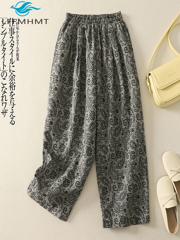 Pantaloni a gamba larga in cotone e lino con stampa di anacardi, fascione femminile, moda, pantaloni larghi e comodi, con sensazione di caduta, abbigliamento da donna