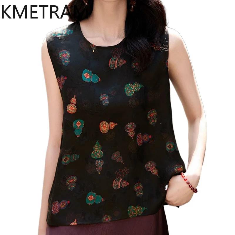 KMETRAM 100% Real Mulberry Silk Women's Tanks 23MM Red Cloud Gauze Vest Two-Way Wear Printed Summer Tops Woman Clothes 2026 топ