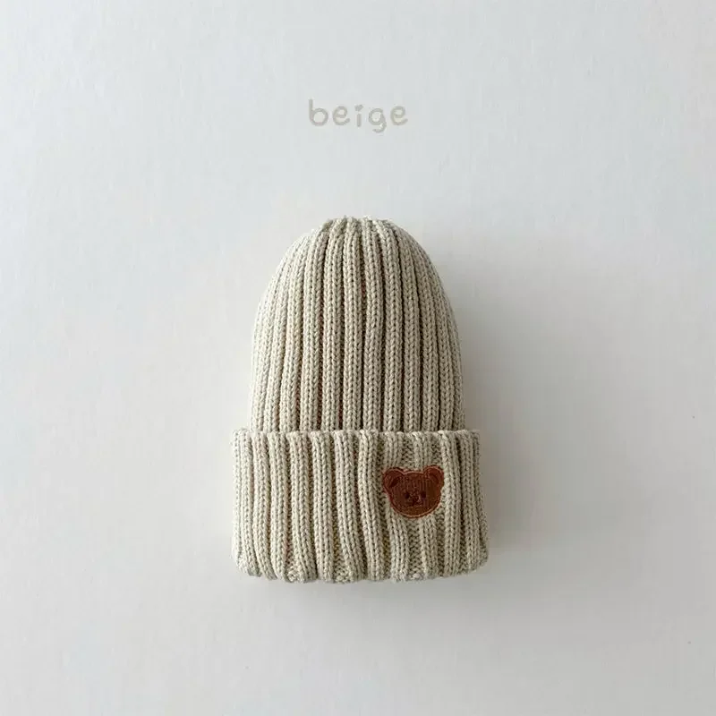 Korean Spring Autumn Winter Kids Boys Crochet Bonnet Baby Knit Cap Girls Bear Head Embroidery Children Knitted Hat Warmer Stuff