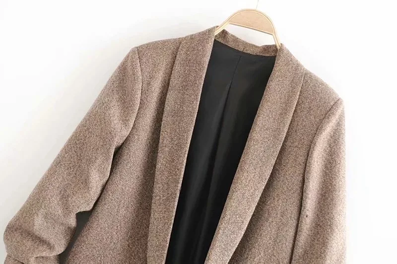 

Vintage Twill Notched Collar Blazer Women Casual Office Work Gathered Three Quarter Sleeve with Pockets Versatile Outerwear