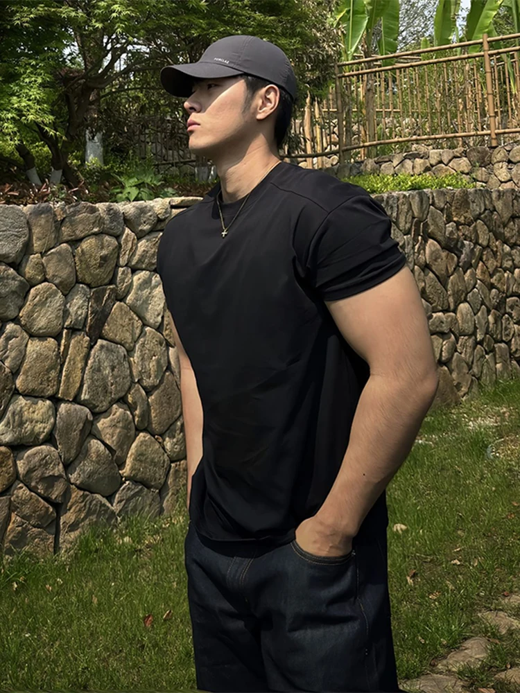 

Bla Slim Fit ort Sve T-irt Muscle Enhancing Sports Fitn American Sle Small Collar Summer Youth Faion f Sve