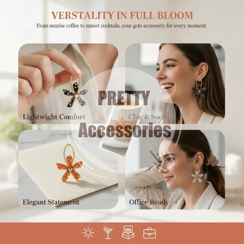 Gold Plated Orange Polka Dot Flower Drop Earrings Shiny Gold Frame For Summer Beach Party Daily Outfits