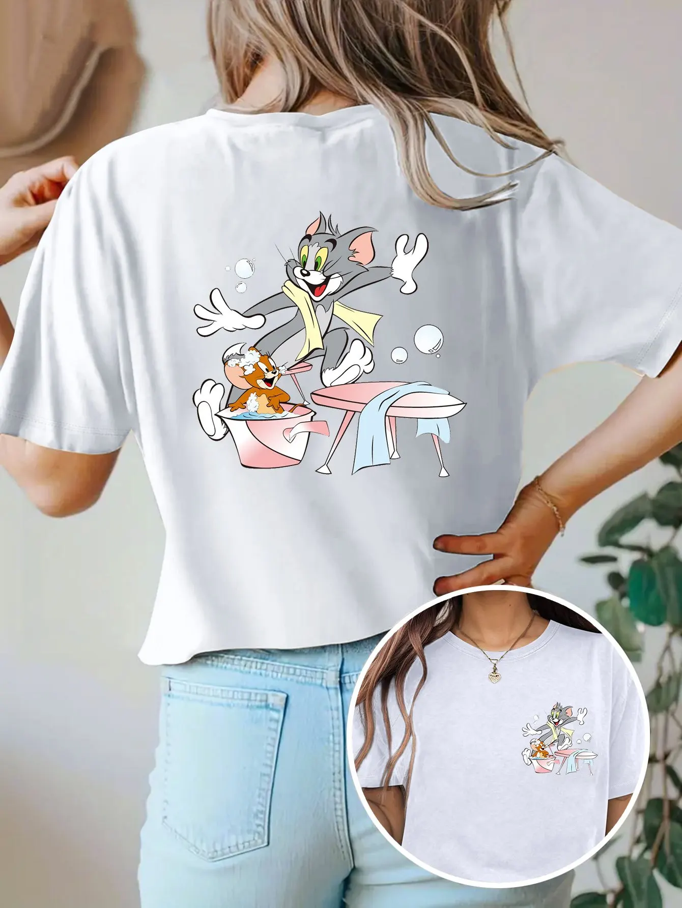 توم وجيري طباعة المرأة تي شيرت قصير الأكمام القطن تيز الكرتون توم وجيري المرأة تي شيرت ماركة ملابس الصيف Y2k القمم #2