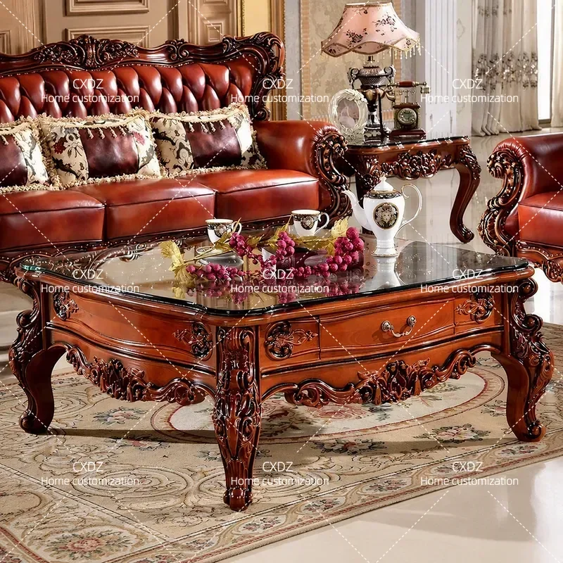 1.2m Square Oak Coffee Table Solid Wood Living Room Tea Table with Tempered Glass Top Engraved Design Modern Home Furniture