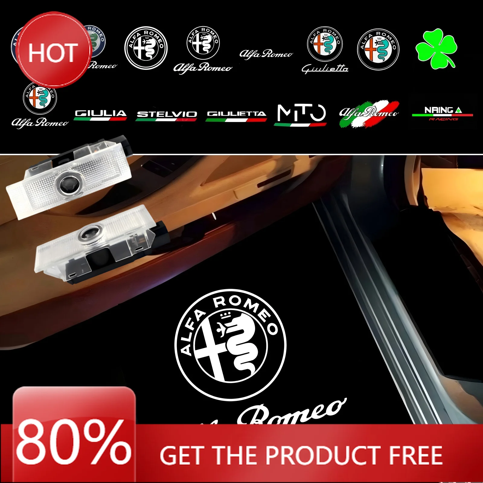 Radkappen 2X LED Auto-Willkommenslogo-Licht Türprojektorlicht für Alfa Romeo Giulia 952 Tonale Mito Stelvio 949 Spider 159 166 GT