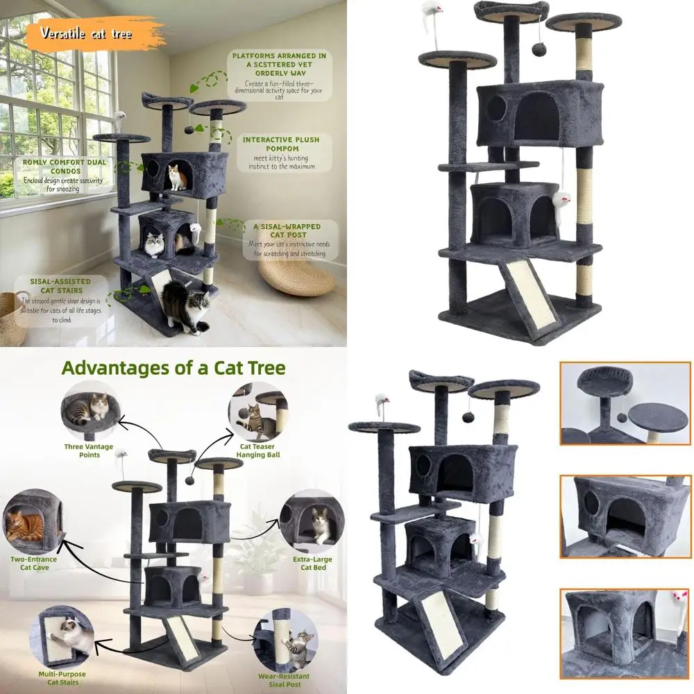 

Indoor Cat Tree Tower with Sisal Scratching Post, 2 Caves, and Dangling Toys - Dark Gray