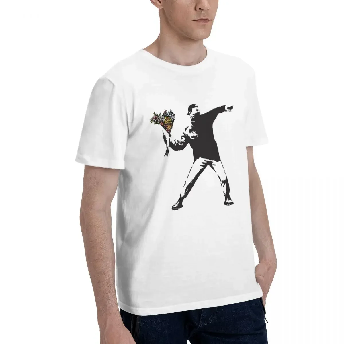 Banksy Graffiti Protest Anarchist Throwing Flowers 100% Cotton T-shirt Men Fashion T Shirts Men Round Neck Short Sleeve S-6XL