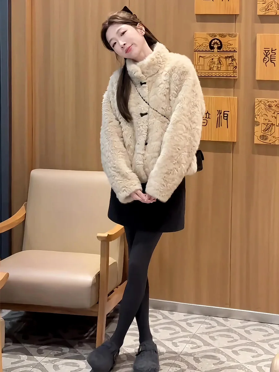 

Женская утепленная куртка из овечьей шерсти с воротником-стойкой, теплая, модная зимняя одежда, мягкая, из чистого меха, без бренда, для электронной коммерции