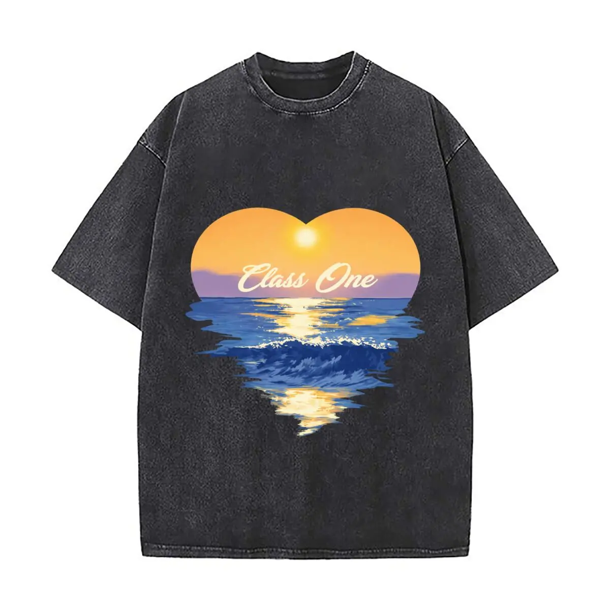 Class One Heart Sunset Ocean Waves Washed Vintage Short Sleeve Loose Streetwear Tee