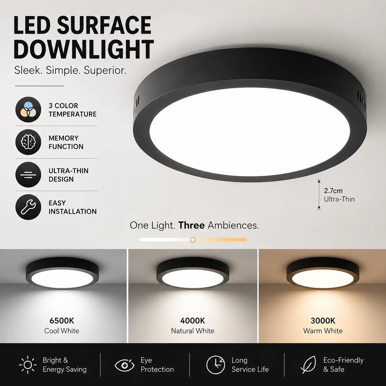 3 Colors Memory Ceiling Lamp AC110-265V Ultra Thin Ceiling Panel Lighting for Living Room Bedroom Surface Mounted Ceiling Light