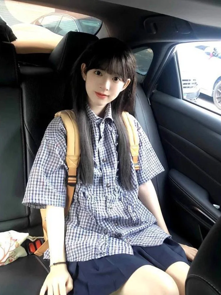 

Японская клетчатая рубашка, женская винтажная повседневная свободная рубашка с короткими рукавами, летняя новая свободная уличная лоскутная блузка с отложным воротником