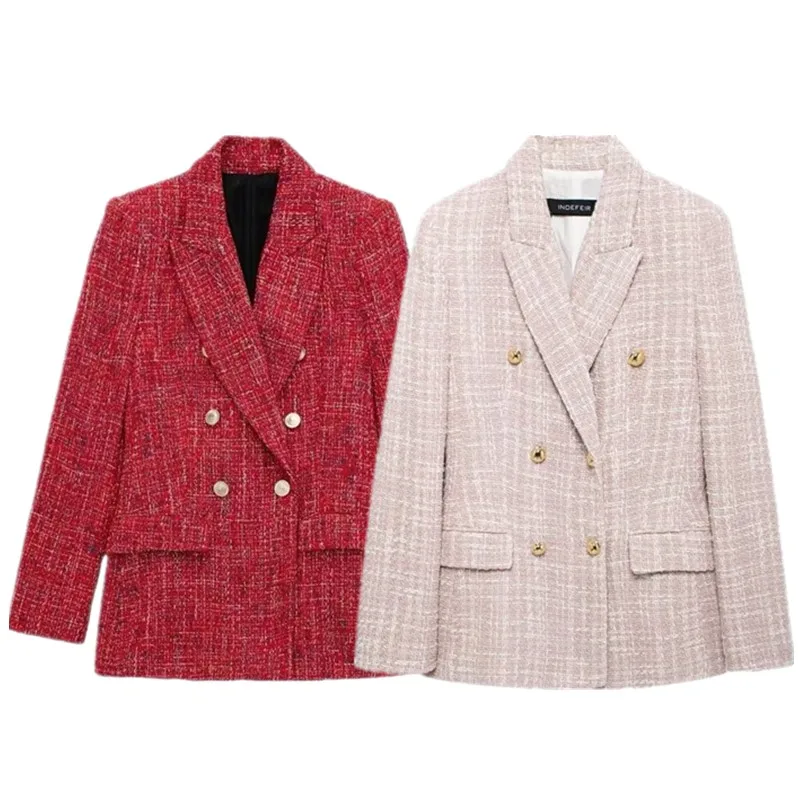 Chaqueta de Traje para Mujer, Estilo Casual, Manga Larga, Cuello Csero, Texturizada, Cruzada, Otoño Invierno, Nueva Colecc...