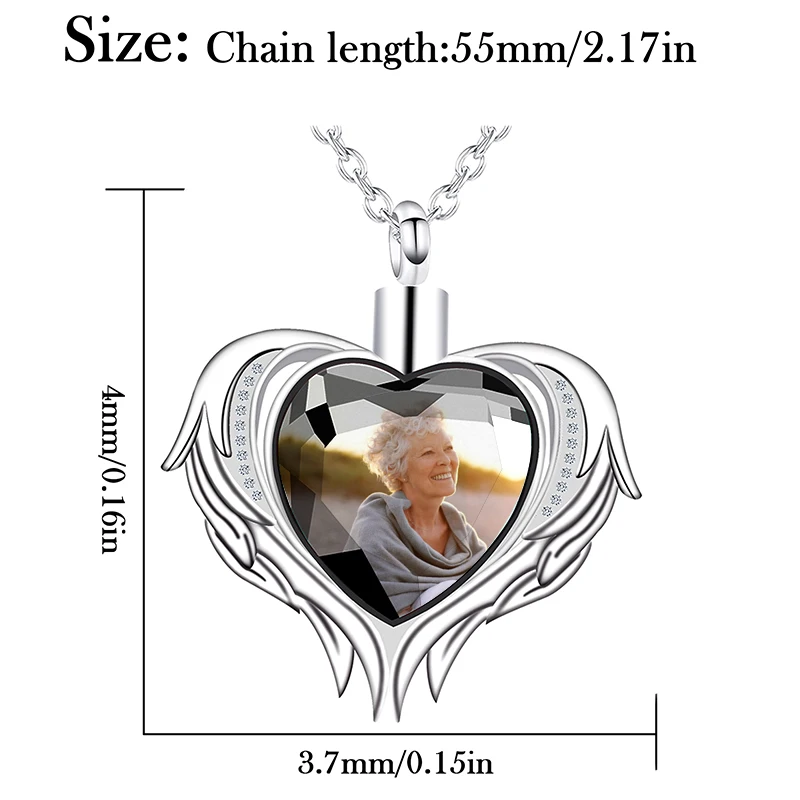 Personalized Customized Photos Heart Pendant Angel Wings Memorial Necklace Cremation Jewelry for Human Ashes Keepsake Gift