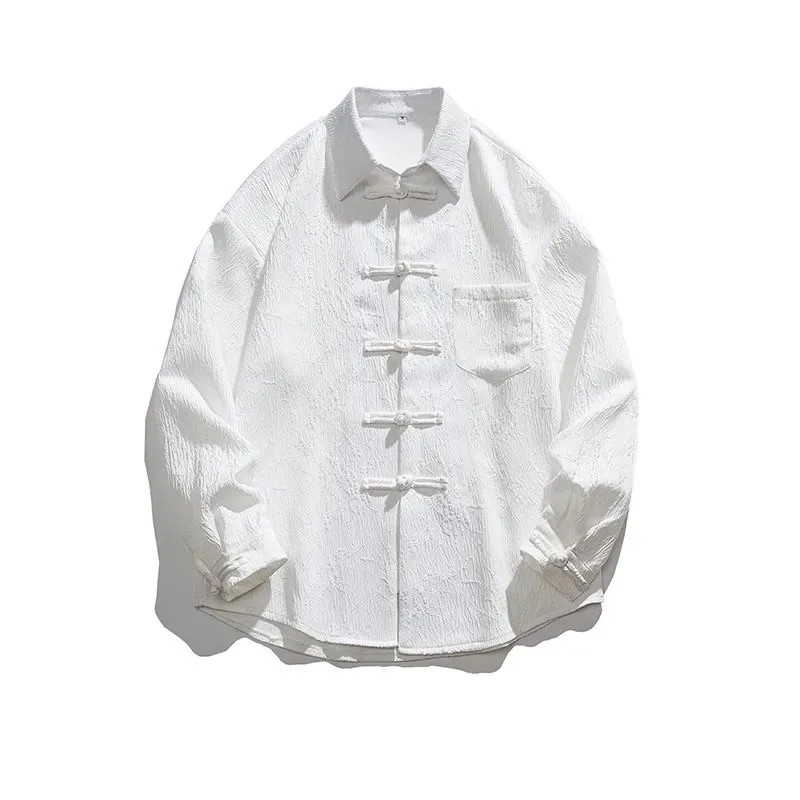 

Мужская черная текстурированная рубашка с воротником-стойкой и пуговицами в виде лягушки, традиционный топ большого размера