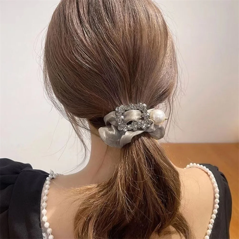 Luxury Organza Large Intestine Hairbands Retro Solid Color Women Girl Hair Ring Rope Glitter Rhinestone Pearl Hair Ties