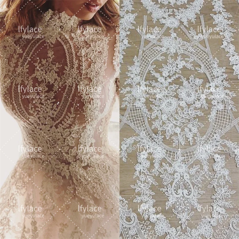 2024 Unique Off White Mesh Embroidery Floral High Quality Bridal Lace Fabric DIY Sewing Accessories Fabric Clothes