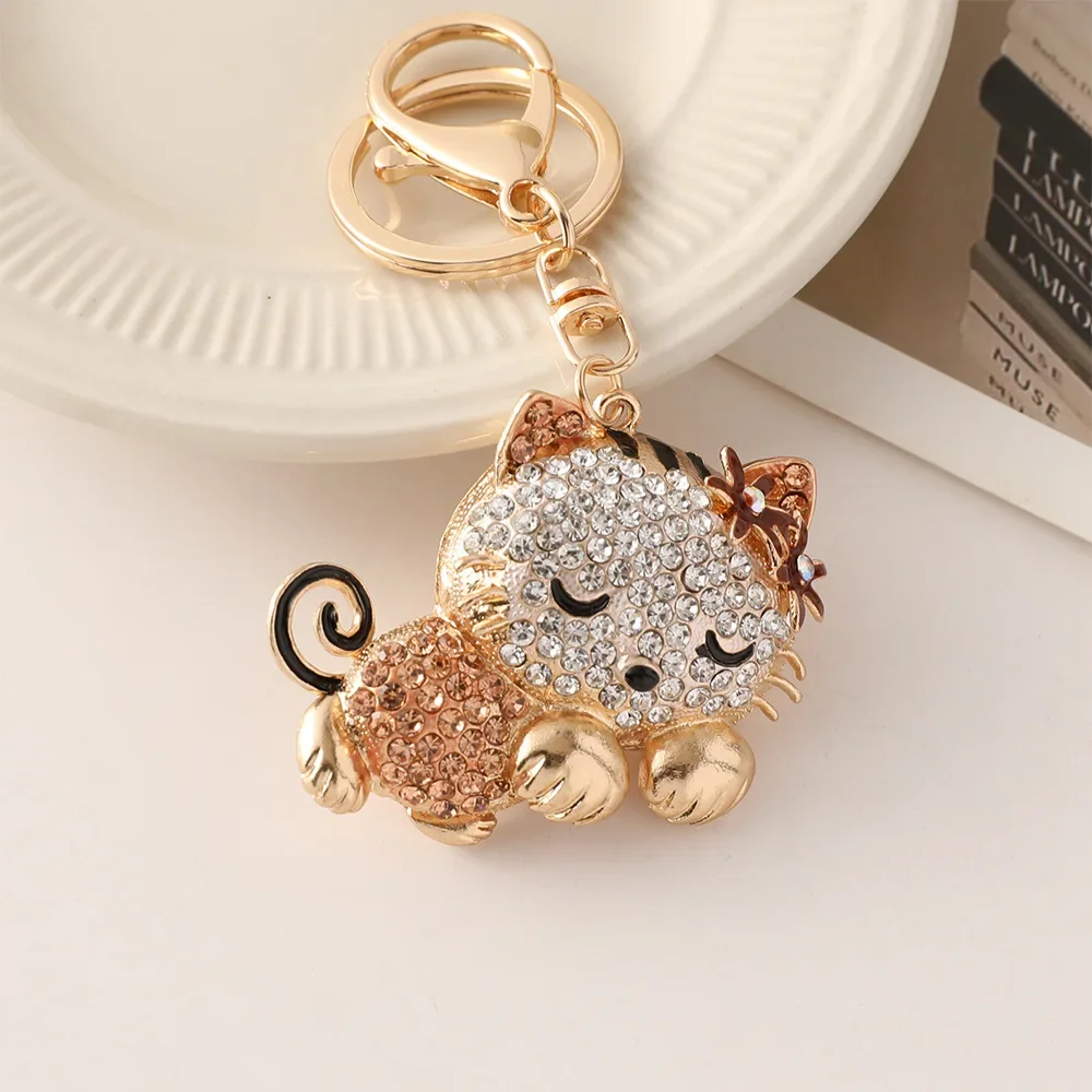 lying cat Keychain Rhinestone Crystal cat Key Chain Bag Decorative Keyring